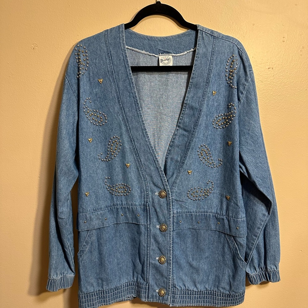 Bridge Sportswear Denim Boho Jacket, Studded Paisley Detail, Size S